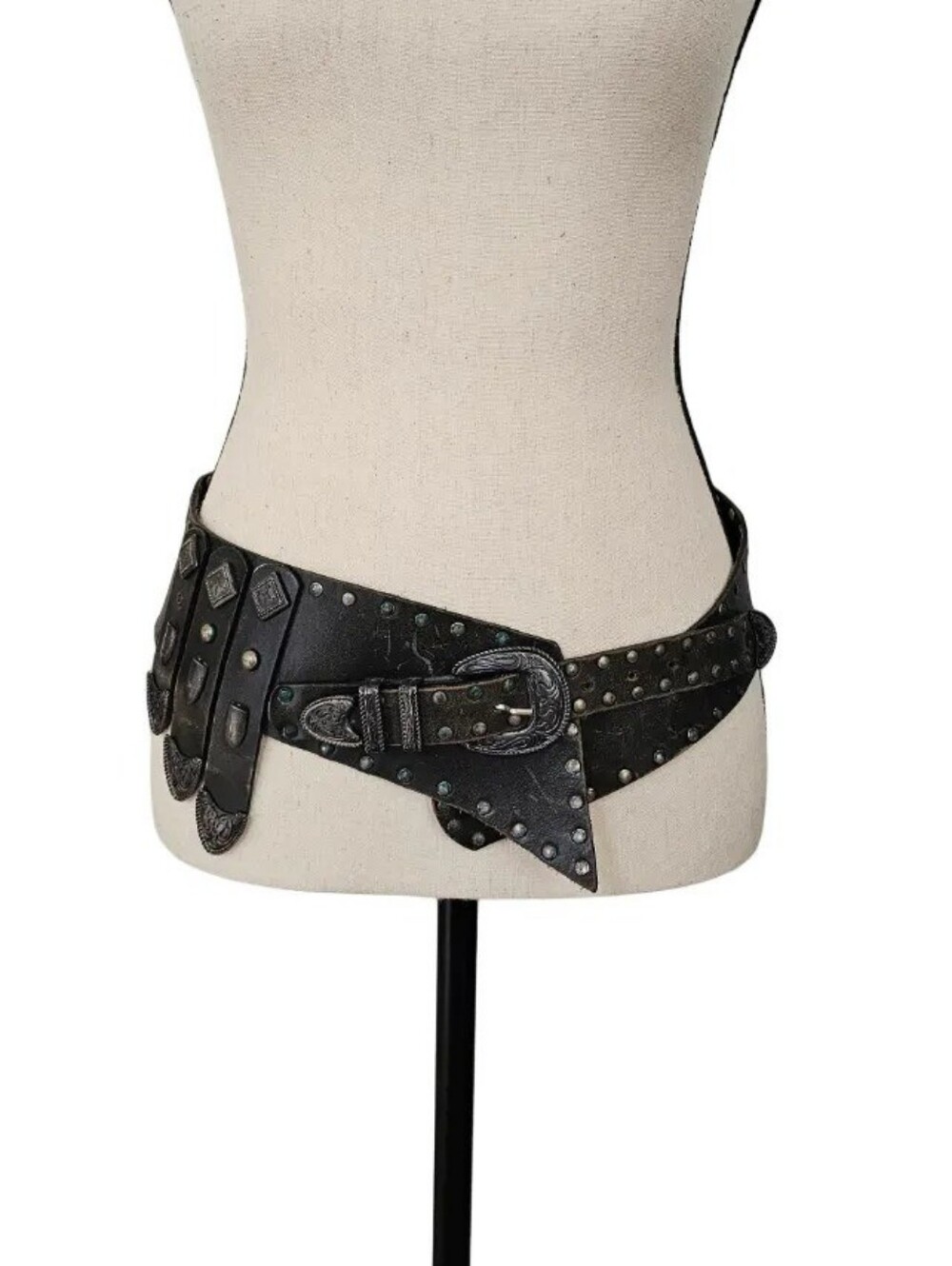 Black Studded Western Wide Waist Belt Double Buckle